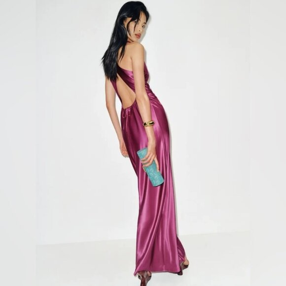 NEW Reformation Anaiis Long Silk Dress Hibiscus Tea Dark Pink Magenta | US 4 UK8 - Picture 11 of 16
